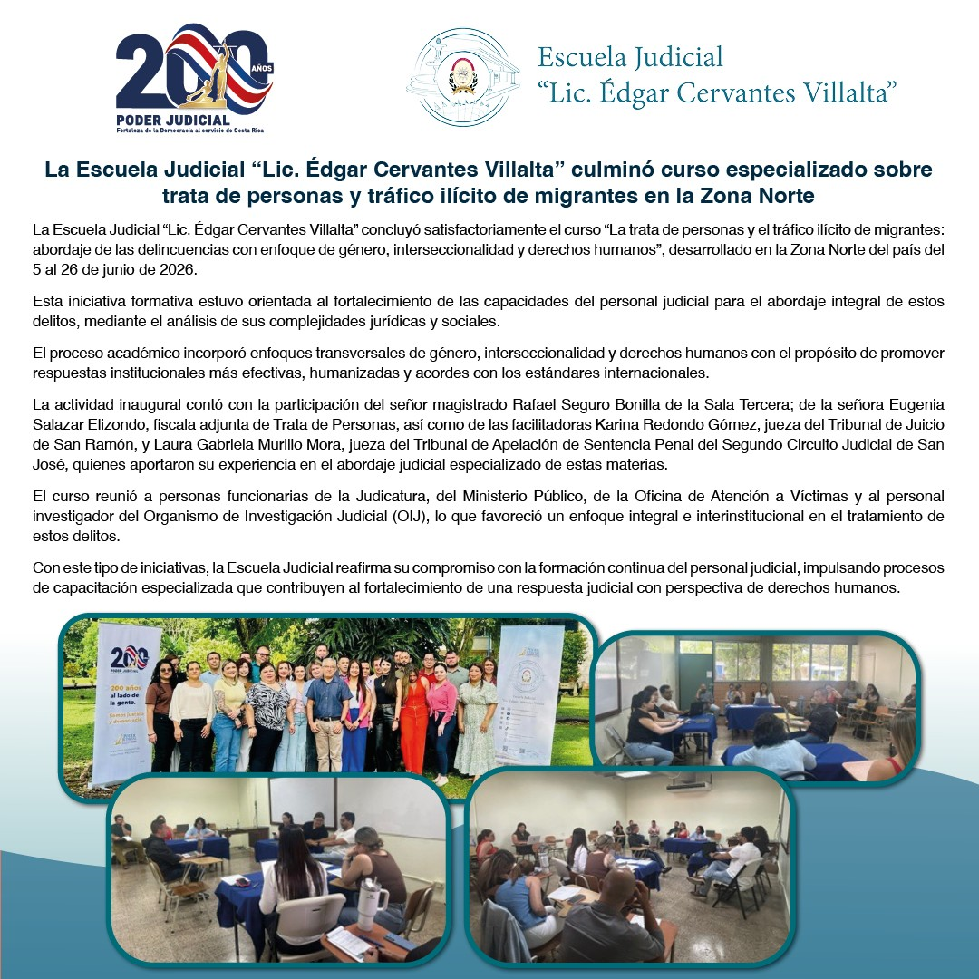 La Escuela Judicial “Lic. Édgar Cervantes Villalta” culminó curso especializado sobre trata de personas y tráfico ilícito de migrantes en la Zona Norte   